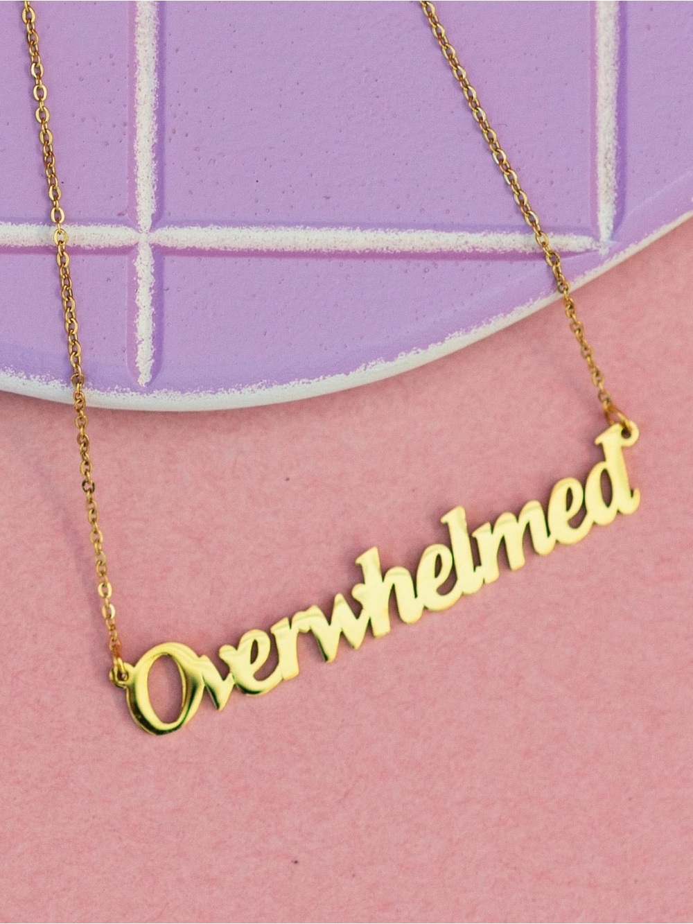 Overwhelmed Necklace Gold Nameplate Pendant Minimalist Chain NWT / NIB